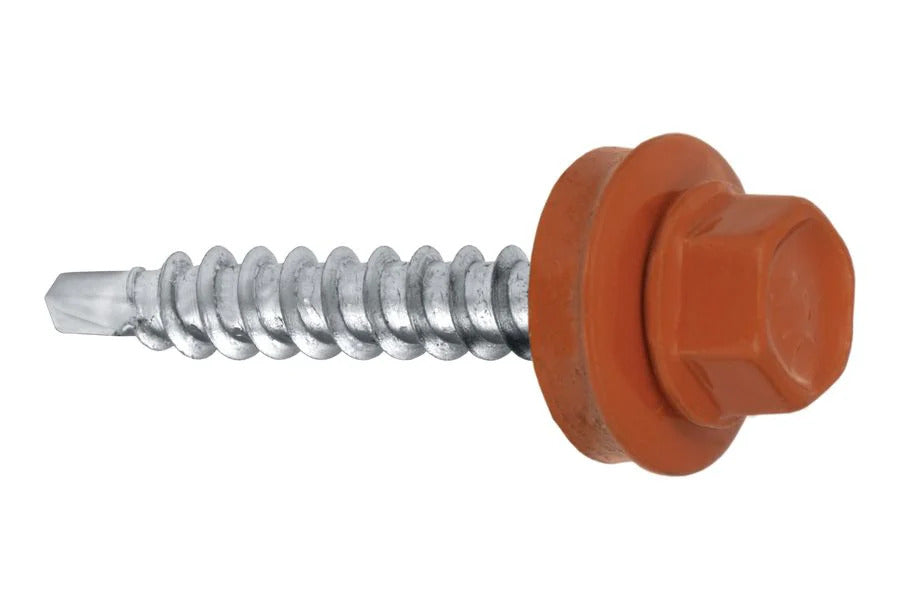 Surub autoforant pentru tigla metalica/tabla, cap hexagonal, 14mm saiba EPDM cu cauciuc, 4.8x55mm caramiziu RAL 8004- 200 buc/cutie