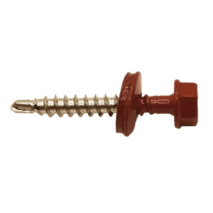 Surub autoforant pentru tigla metalica/tabla, cap hexagonal, 14mm saiba EPDM cu cauciuc, 4.8x55mm caramiziu RAL 3011- 200 buc/cutie